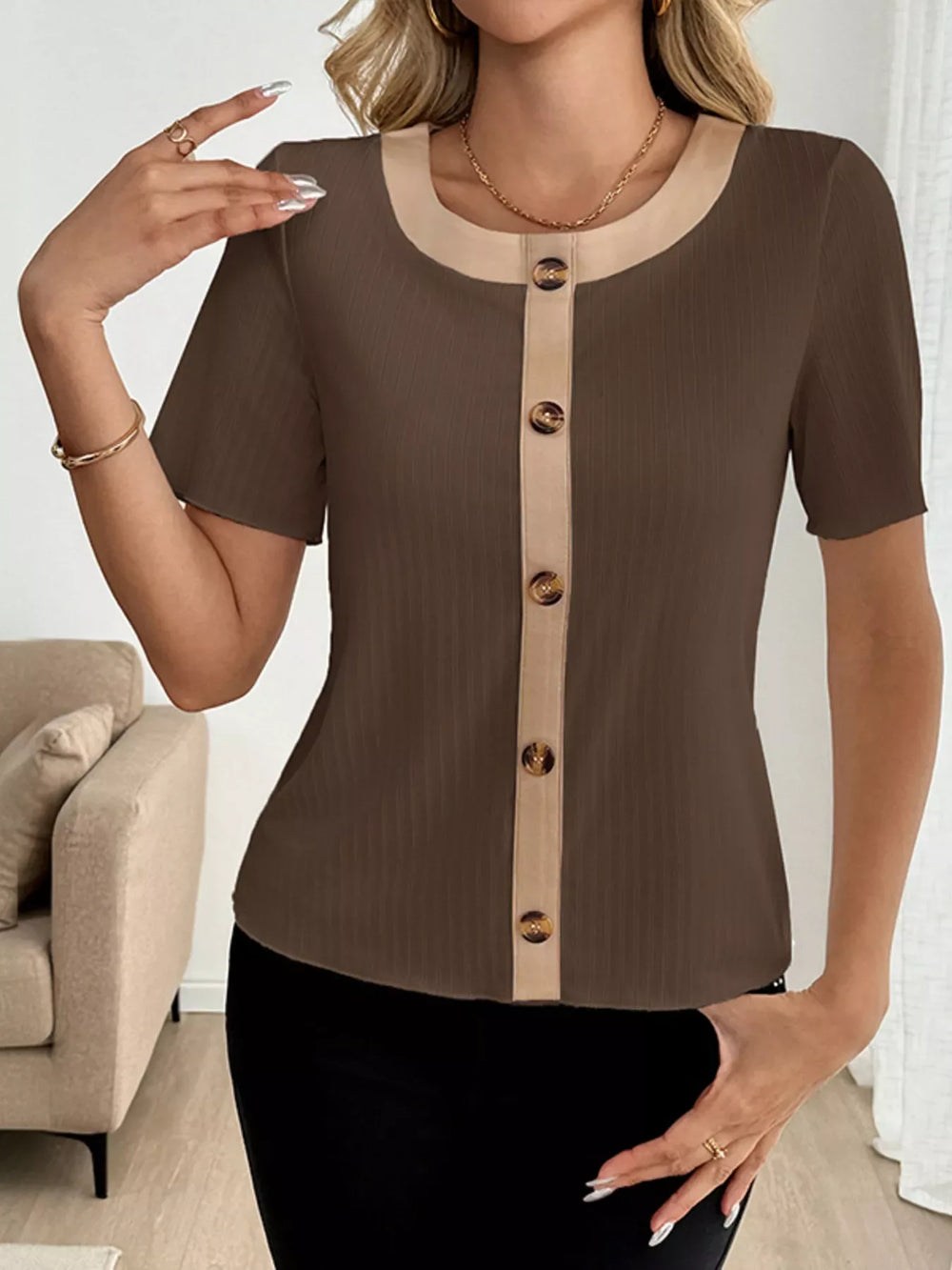 Decor Button Round Neck Short Sleeve Blouse - Trendsi - Flyclothing LLC