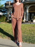 V-Neck Long Sleeve Top and Pants Set - Trendsi - Flyclothing LLC