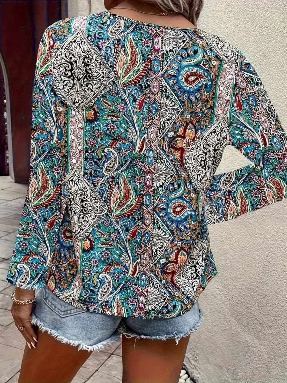 Printed V-Neck Long Sleeve Blouse - Trendsi - Flyclothing LLC