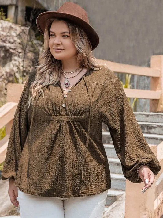Plus Size Tie Neck Long Sleeve Blouse - Trendsi - Flyclothing LLC