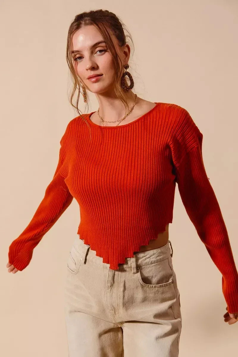 SO ME Rib Knitted Crop Sweater Top With Shaped Hem - Trendsi - Flyclothing LLC