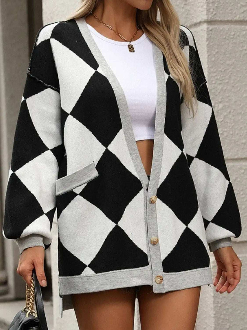 Checkered Dropped Shoulder Long Sleeve Cardigan - Trendsi - Flyclothing LLC