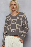 POL V-Neck Heart Pattern Checkered Sweater - Trendsi - Flyclothing LLC