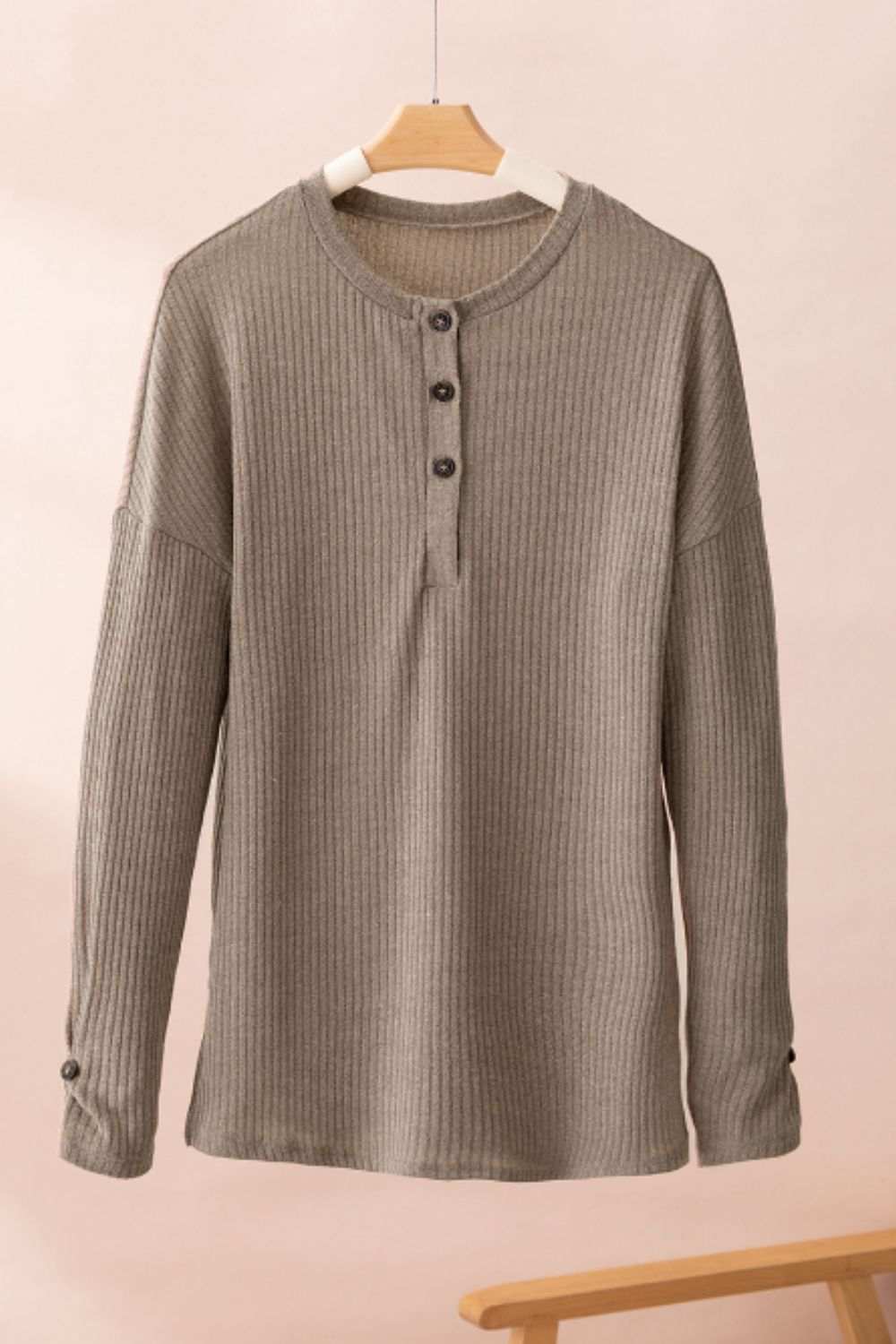 Quarter Button Round Neck Dropped Shoulder Knit Top - Trendsi - Flyclothing LLC