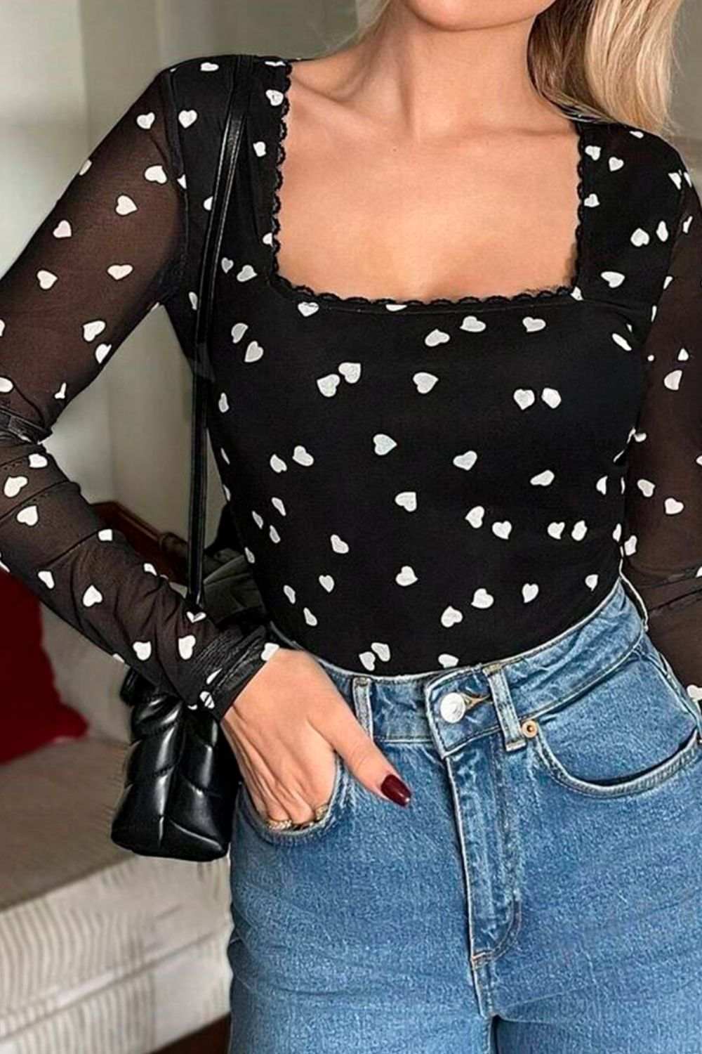 Heart Square Neck Long Sleeve Bodysuit - Trendsi - Flyclothing LLC