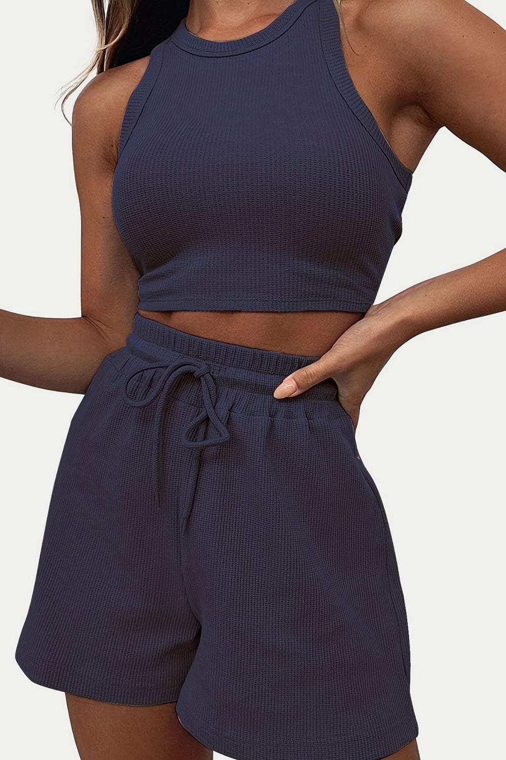 Round Neck Top and Drawstring Shorts Set - Trendsi - Flyclothing LLC