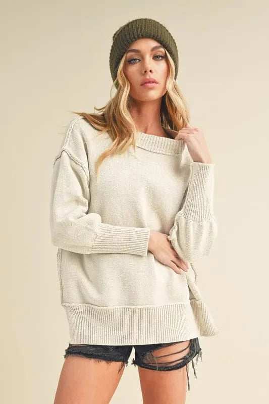 Aemi+Co Ribbed Hem Side Slit Round Neck Sweater - Trendsi - Flyclothing LLC