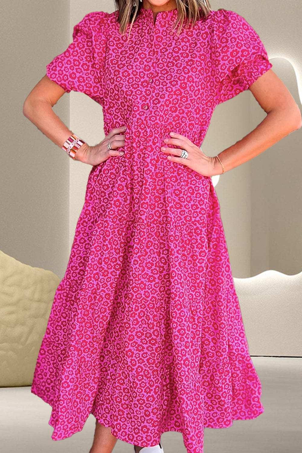 Printed Notched Puff Sleeve Midi Dress - Trendsi - Flyclothing LLC