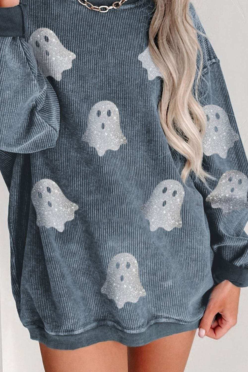 Glitter Ghost Round Neck Long Sleeve Sweatshirt - Trendsi - Flyclothing LLC