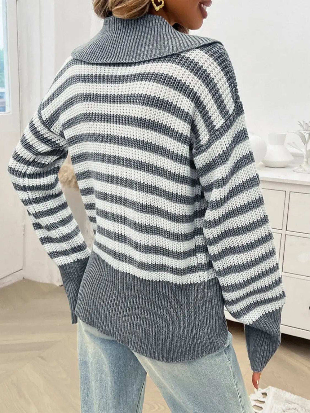 Striped Collared Neck Long Sleeve Sweater - Trendsi - Flyclothing LLC