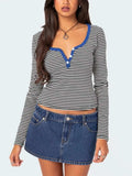 Buttoned Striped Long Sleeve T-Shirt - Trendsi - Flyclothing LLC