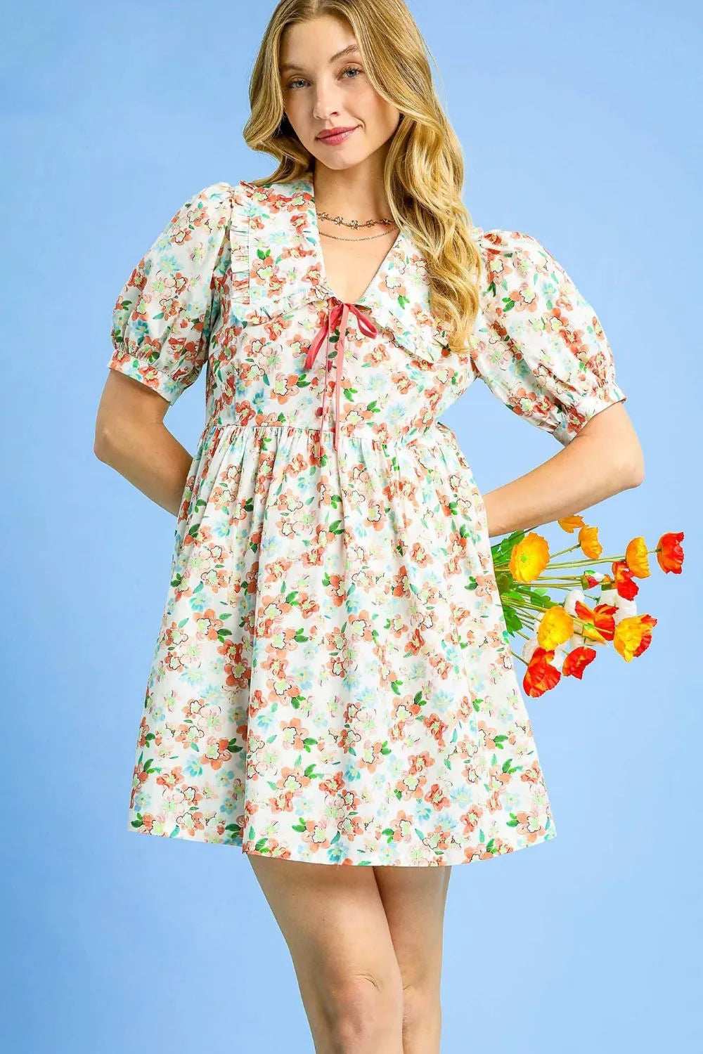 Umgee Floral Print Puff Sleeve Tie Front Mini Dress - Trendsi - Flyclothing LLC