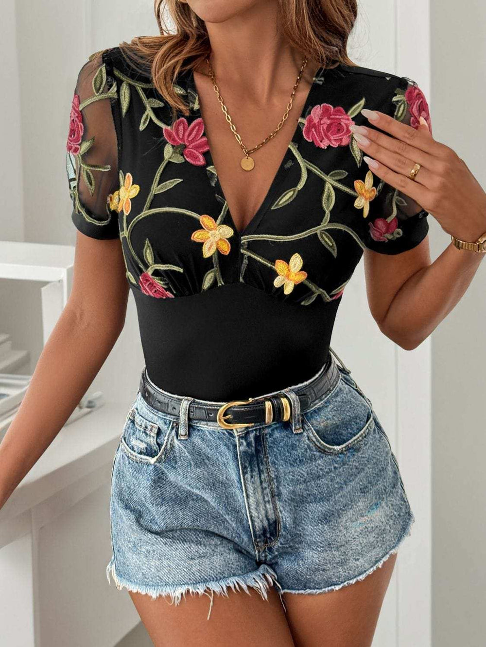 Perfee Embroidered V-Neck Floral Bodysuit - Trendsi - Flyclothing LLC