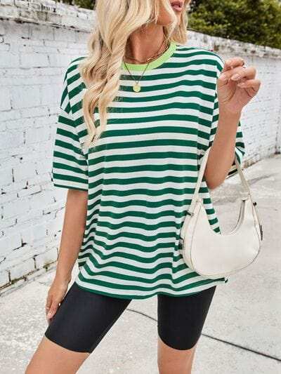 Lovelet Striped Round Neck Half Sleeve T-Shirt - Trendsi - Flyclothing LLC