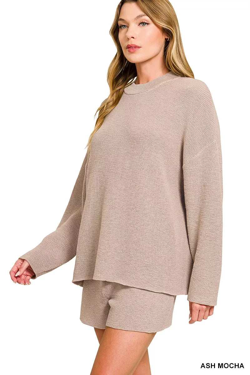 Zenana Round Neck Knit Top and Shorts Sweater Set - Trendsi - Flyclothing LLC