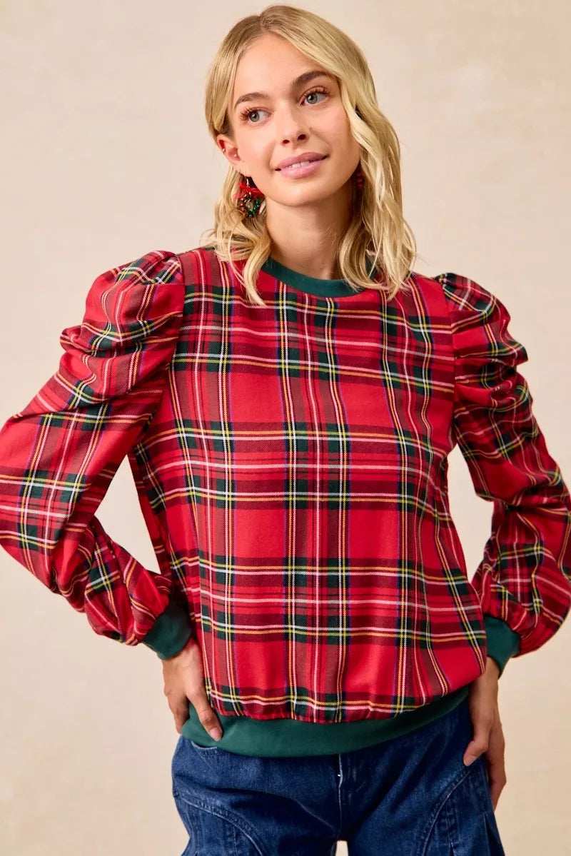 BiBi Christmas Plaid Exaggerated Shoulder Sleeves Top - Trendsi - Flyclothing LLC