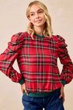 BiBi Christmas Plaid Exaggerated Shoulder Sleeves Top - Trendsi - Flyclothing LLC