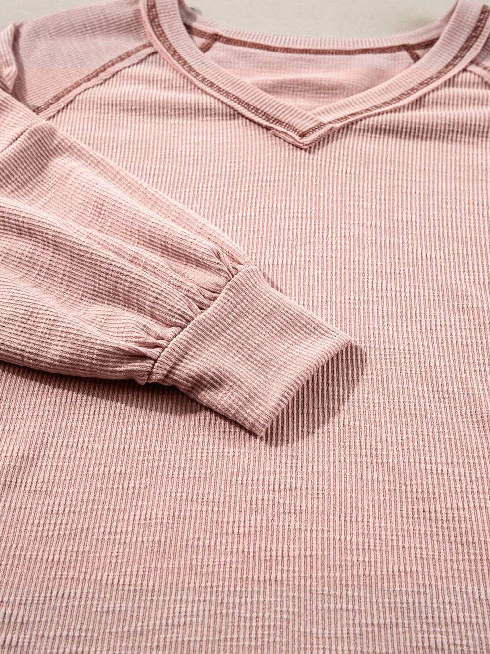 Exposed Seam Ribbed Knit V Neck Top - Trendsi - Flyclothing LLC