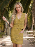 Openwork V-Neck Top and Skirt Knit Cover Up Set - Trendsi - Flyclothing LLC