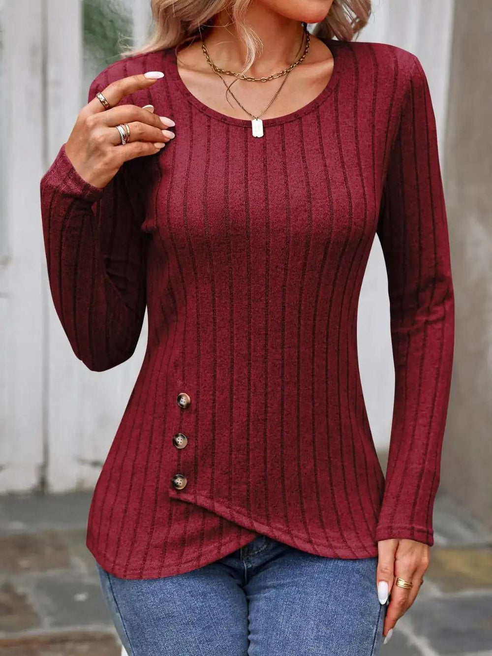 Decorative Button Round Neck Long Sleeve T-Shirt - Trendsi - Flyclothing LLC