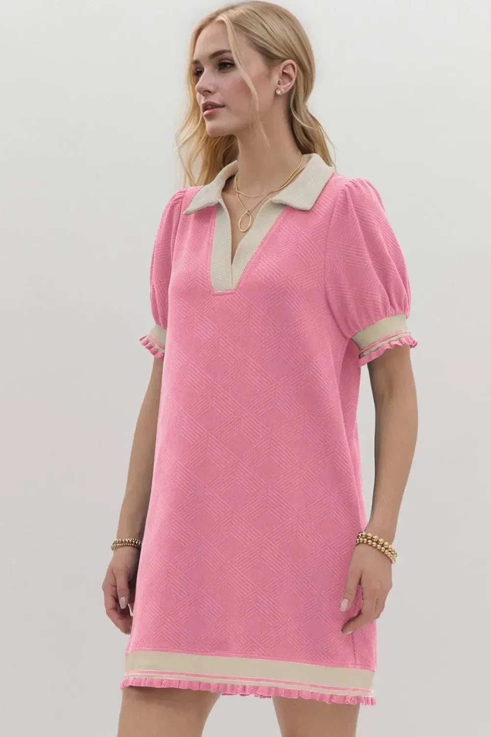 Oh Frill Contrast Trim Johnny Collar Short Sleeve Mini Dress - Trendsi - Flyclothing LLC