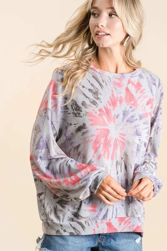 BiBi Tie Dye Print Terry Pull Over - Trendsi - Flyclothing LLC