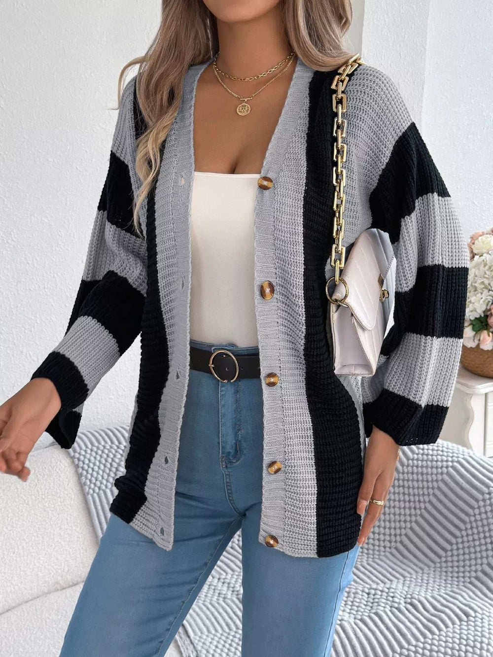 Color Block Button-Up Cardigan - Trendsi - Flyclothing LLC
