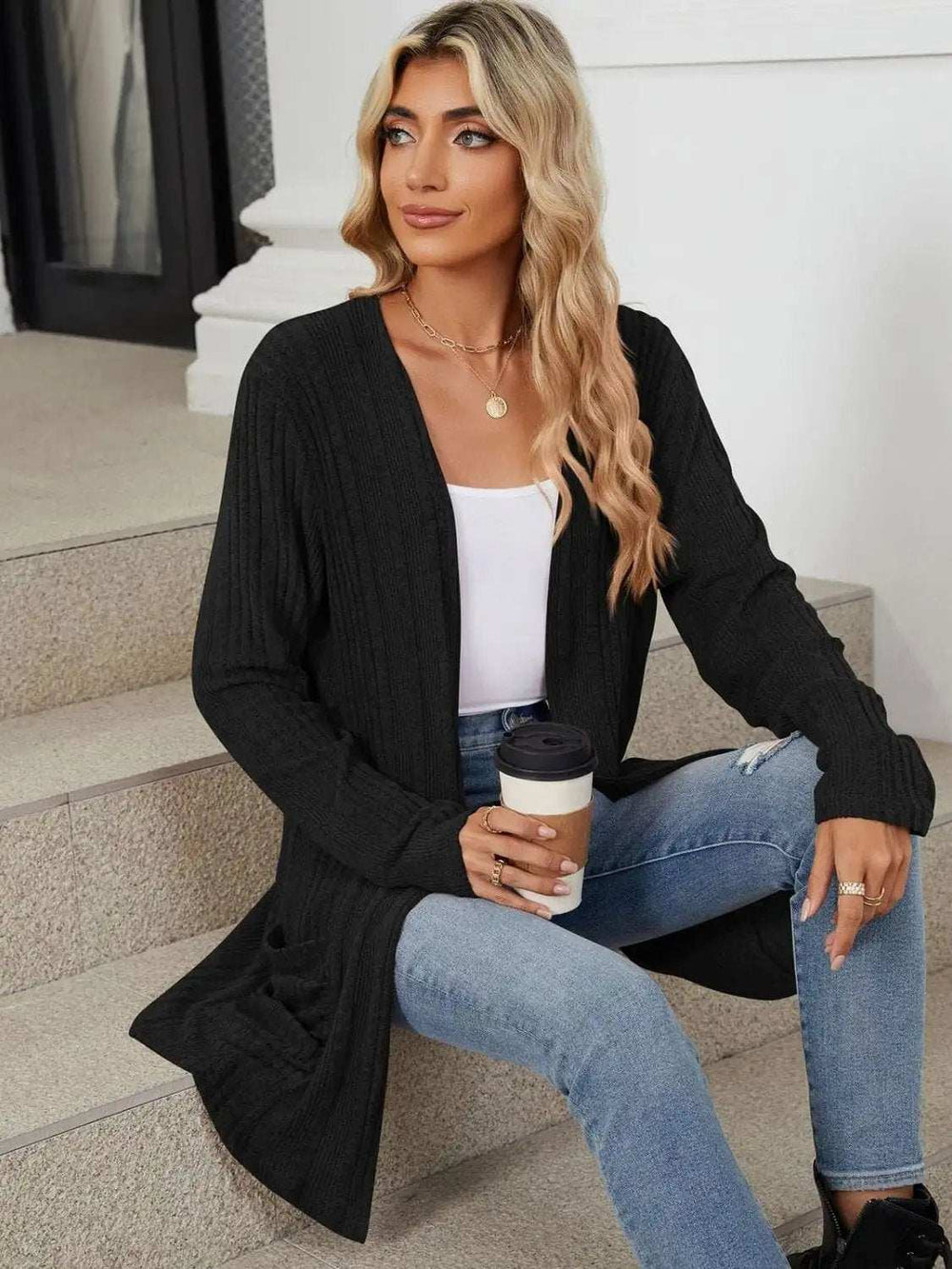 Pocketed Open Front Long Sleeve Cardigan - Trendsi - Flyclothing LLC