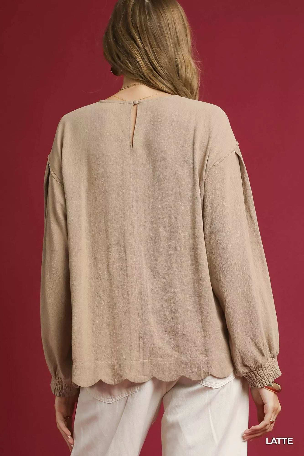 Umgee Linen Scallop Hem Long Sleeve Blouse - Trendsi - Flyclothing LLC