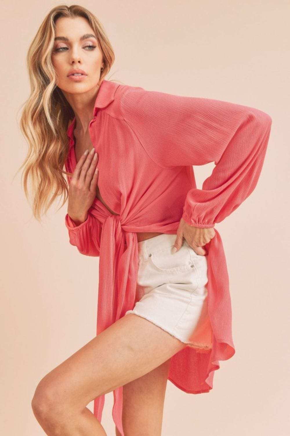 Aemi + Co Tied Collared Neck Long Sleeve Top - Trendsi - Flyclothing LLC