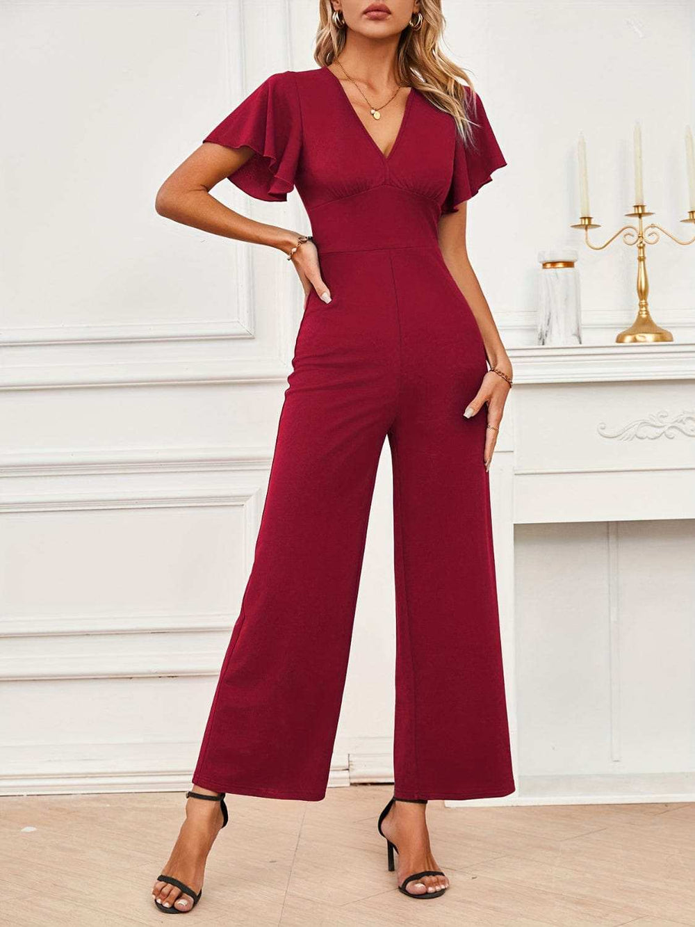V-Neck Flutter Sleeve Jumpsuit - Trendsi - Flyclothing LLC