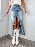 High-Waist Raw Hem Asymmetry Denim Skirt - Trendsi - Flyclothing LLC