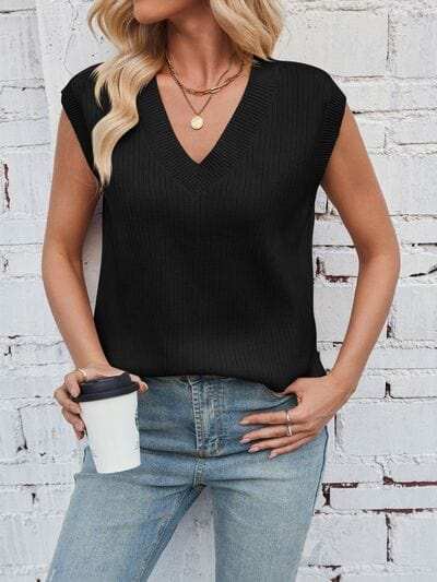 Lovelet Ribbed Slit V-Neck Sweater Vest - Trendsi - Flyclothing LLC