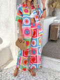 Devine Printed Collared Neck Half Sleeve Top and Pants Set - Trendsi - Flyclothing LLC