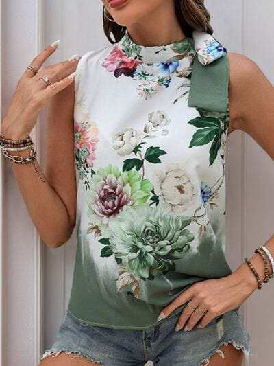 Tied Flower Printed Mock Neck Top - Trendsi - Flyclothing LLC