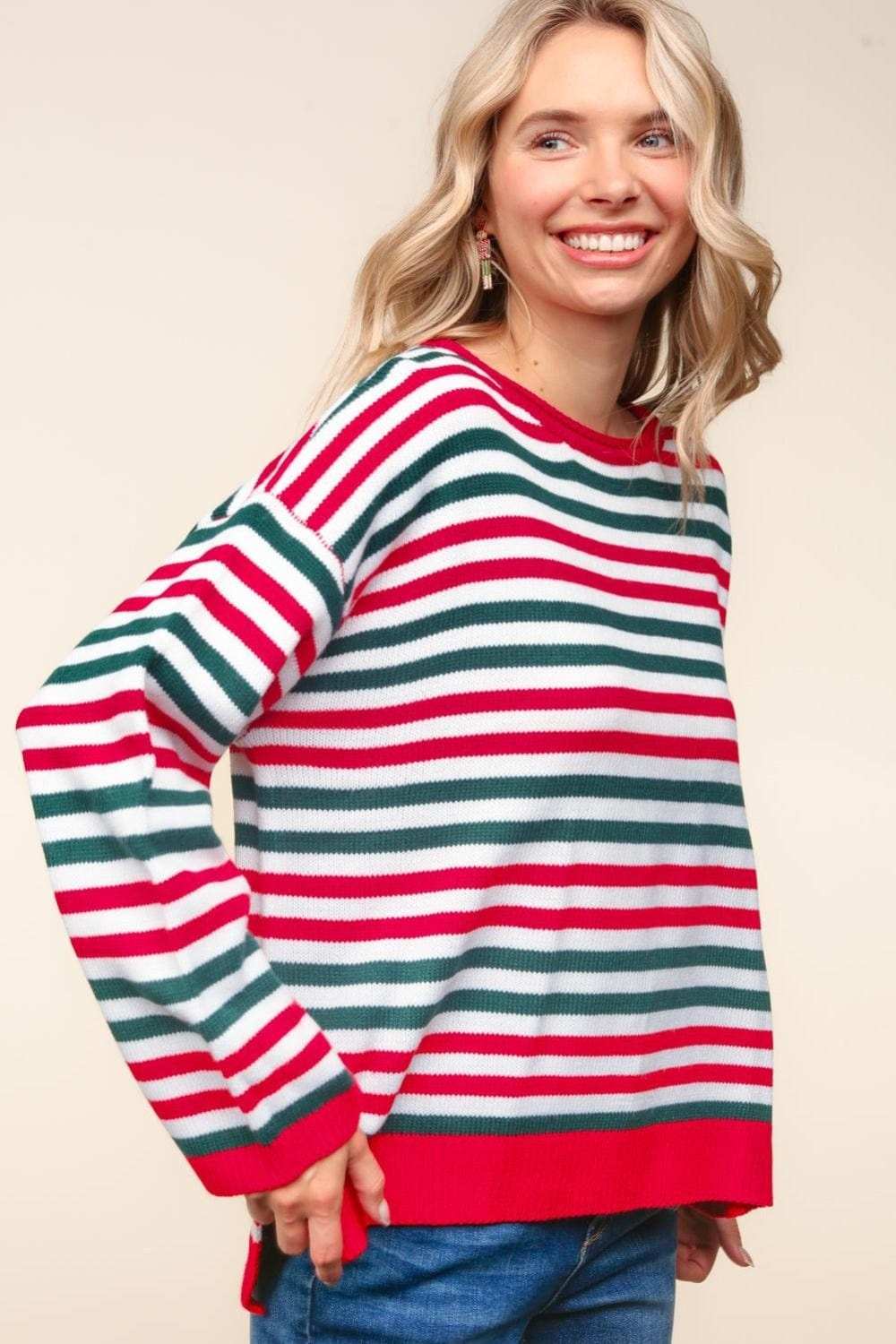 Haptics Full Size Striped Contrast Side Slit Knit Top - Trendsi - Flyclothing LLC
