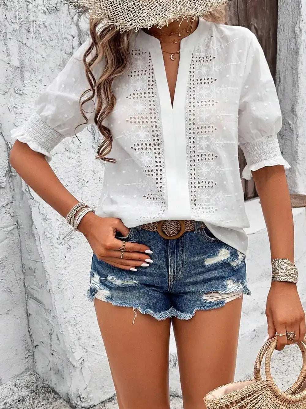 Eyelet Notched Flounce Sleeve Blouse - Trendsi - Flyclothing LLC