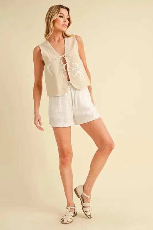 Aemi+Co Embroidered Tied Front Vest Coat - Trendsi - Flyclothing LLC