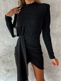 Heathered Mock Neck Long Sleeve Mini Dress - Trendsi - Flyclothing LLC