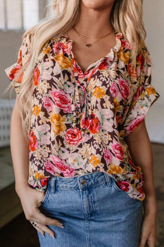 Floral Tie Neck Short Sleeve Blouse - Trendsi - Flyclothing LLC