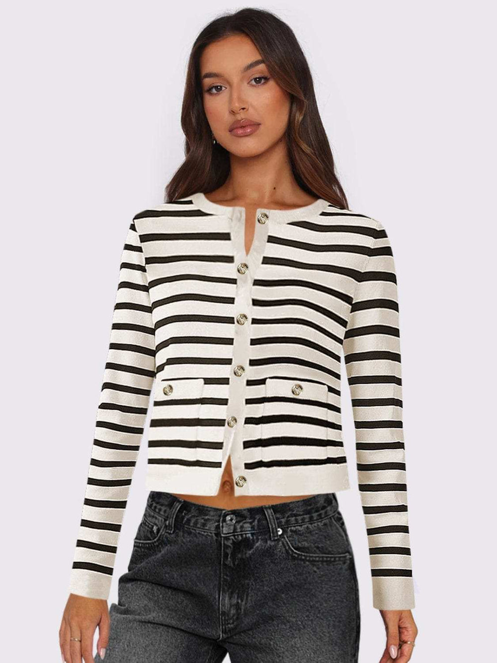 Striped Round Neck Button Up Long Sleeve Cardigan - Trendsi - Flyclothing LLC