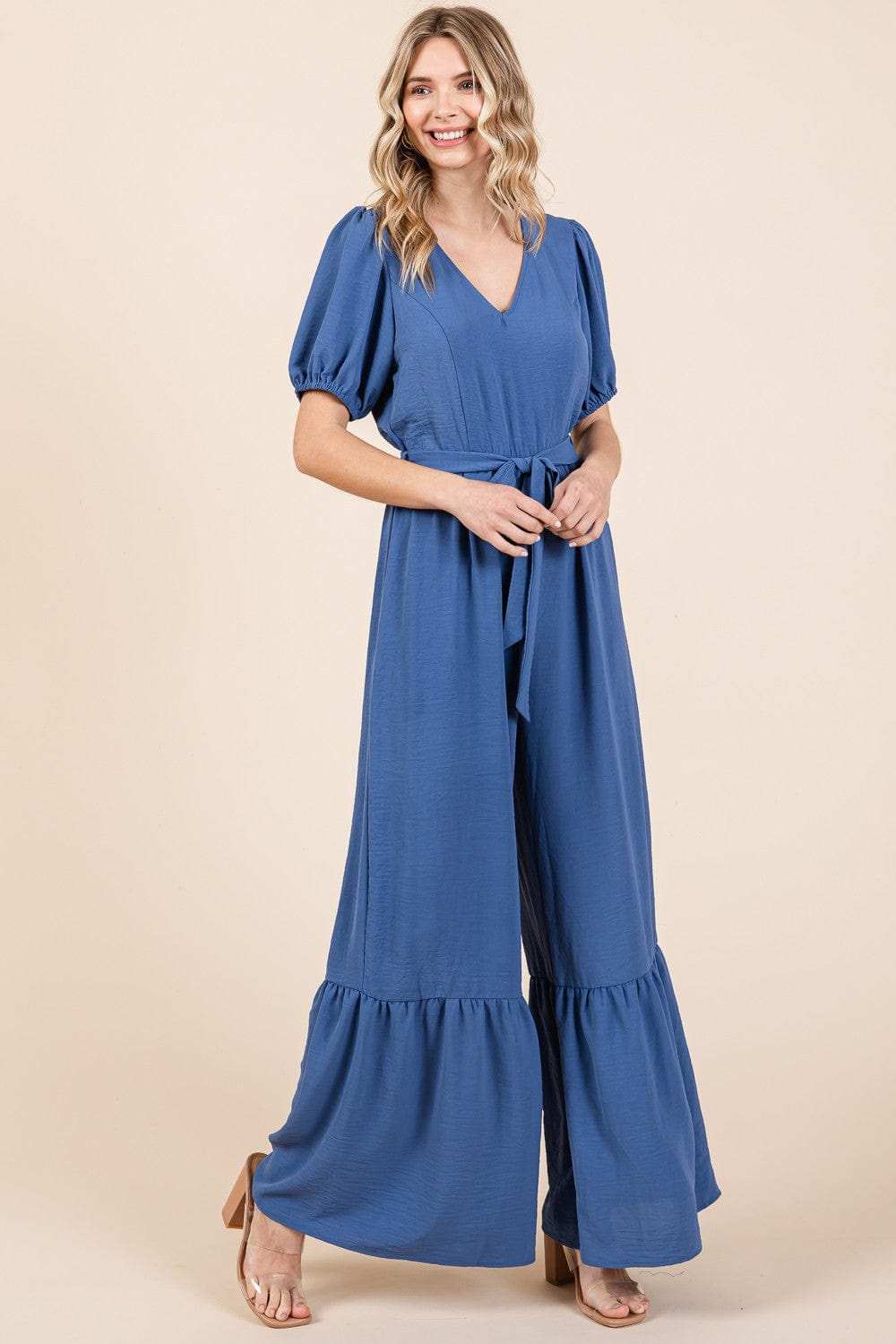 GeeGee Full Size V-Neck Belted Wide Leg Jumpsuit - Trendsi - Flyclothing LLC
