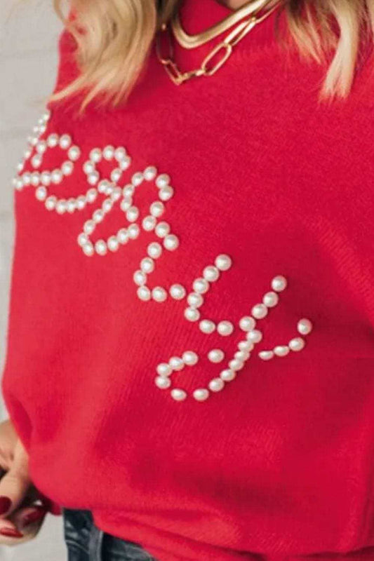 Letter Pearl Detail Round Neck Long Sleeve Sweater - Trendsi - Flyclothing LLC