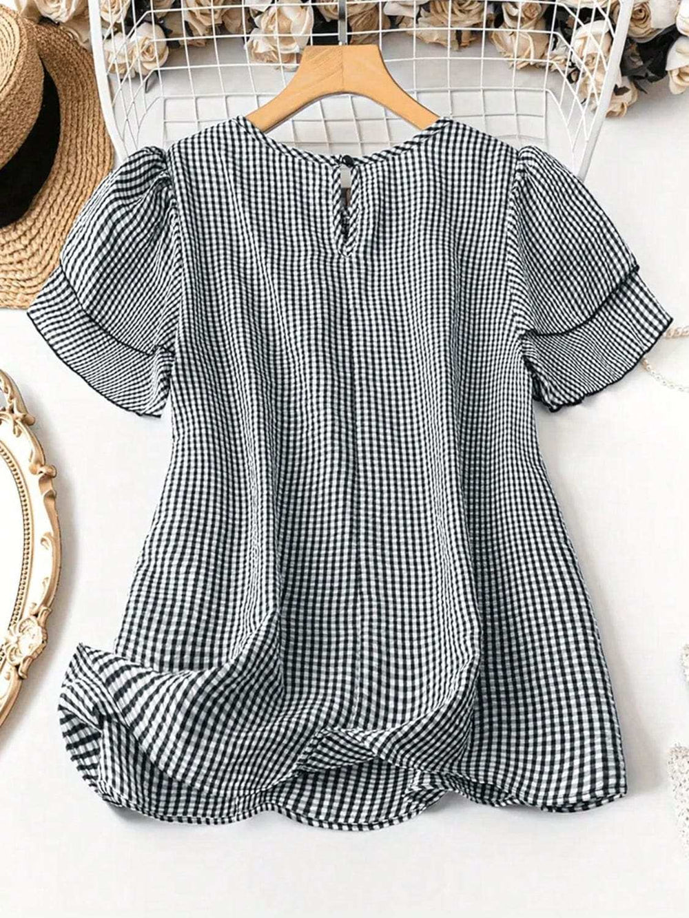 Smocked Plaid Round Neck Layered Short Sleeve Blouse - Trendsi - Flyclothing LLC