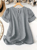 Smocked Plaid Round Neck Layered Short Sleeve Blouse - Trendsi - Flyclothing LLC