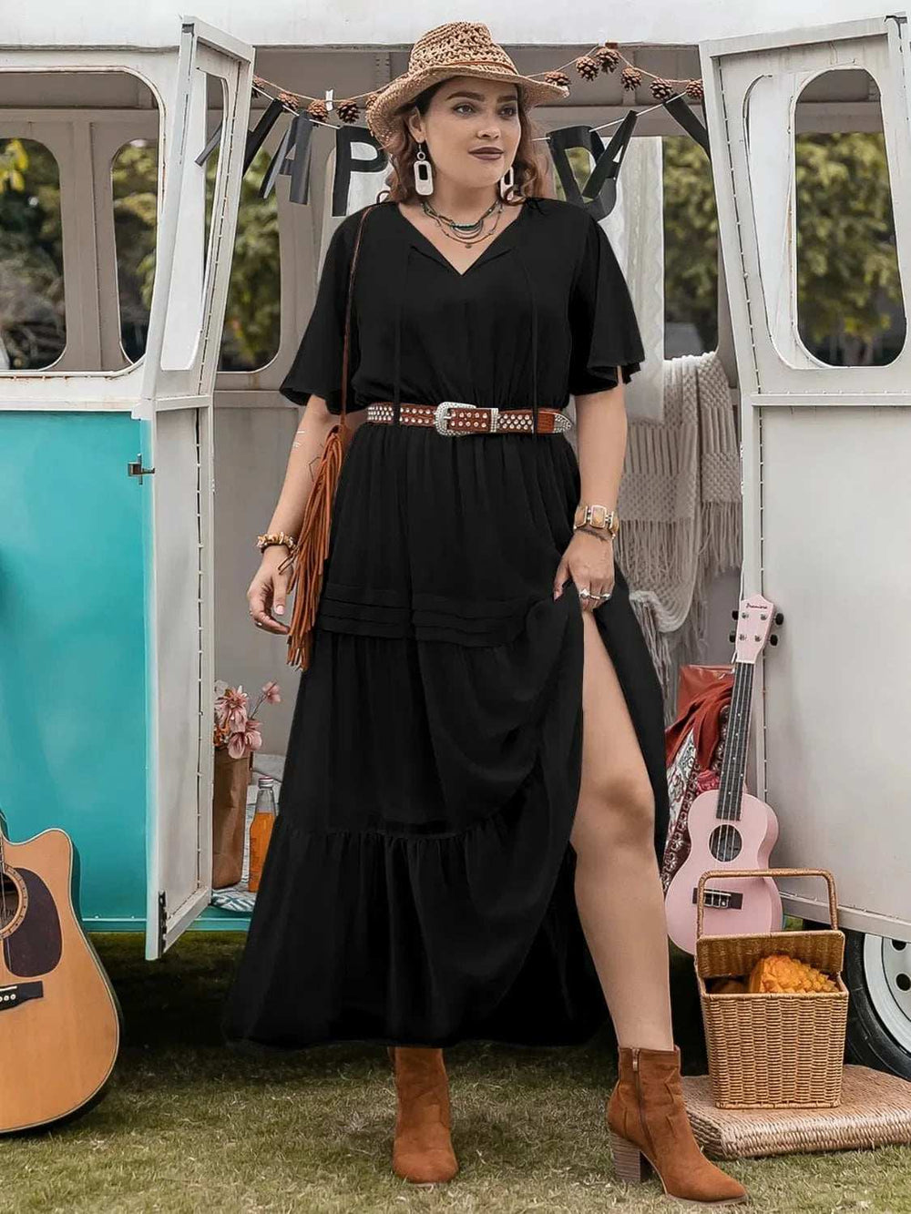 Plus Size Tie Neck Flutter Sleeve Dress - Trendsi - Flyclothing LLC