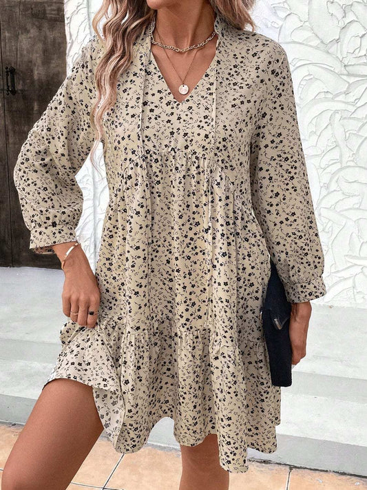 Tied Printed Long Sleeve Mini Dress - Trendsi - Flyclothing LLC