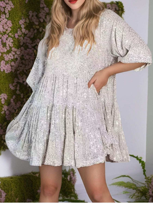 Sequin Round Neck Half Sleeve Mini Dress - Trendsi - Flyclothing LLC