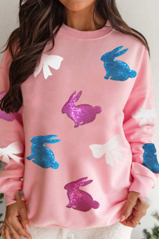 Easter Bunny Bow Knot Sequined Sweatshirt - Trendsi - Flyclothing LLC