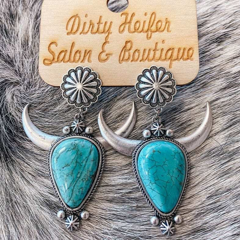 Artificial Turquoise Alloy Cow Head Earrings - Trendsi - Flyclothing LLC